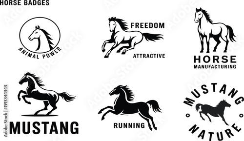 Horse Badges and Mustang Logo Design Collection with Running and Rearing Poses, Black Vector Illustration for Equestrian Sports, Freedom, and Nature Branding Projects