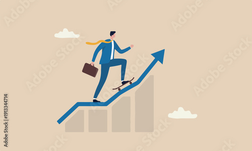 Growth business achieve goal, progress or improvement, career development or financial profit earning, businessman with skateboard prepare to run on growth rising graph.