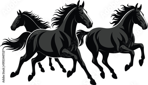 Group of Black Stallion Horses Running Fast, Wild Equine Silhouette Graphics, Powerful Galloping Mustang Vector Illustration for Equestrian Sports and Ranch Design