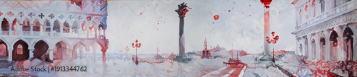 modern mural painting in gray and red of St. Mark's Square in Venice