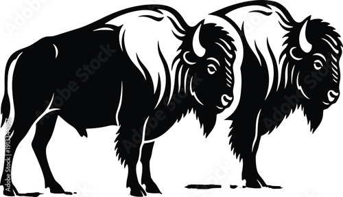 American Bison Buffalo Silhouette Graphic Standing in Profile View, Hand Drawn Vector Illustration, North American Wildlife Animal Icon for Nature and Conservation Design