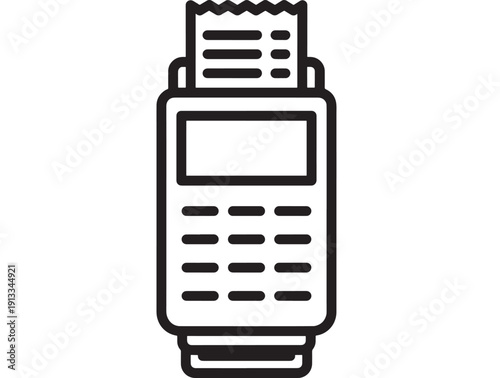 Payment terminal icon with receipt, black outline POS machine symbol for retail checkout, contactless transaction concept, isolated vector on white background
