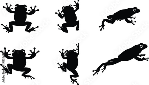 Set of black frog silhouettes in various poses including jumping and climbing, minimalist amphibian icons, cad drawing flat vector illustration, nature elements