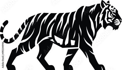 Powerful black tiger silhouette walking, majestic predator wildlife illustration for jungle themes, cad drawing flat vector illustration, animal mascot graphic element