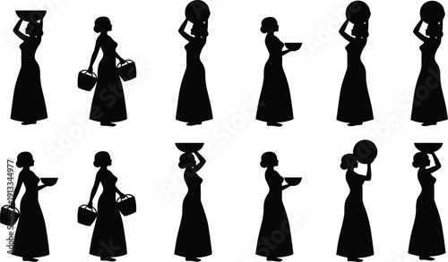 Set of African women silhouettes carrying baskets and bowls, traditional village life figures, cad drawing flat vector illustration, ethnic female character icons