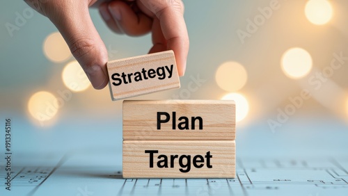 Business Strategy Plan and Target Conceptual Wooden Blocks