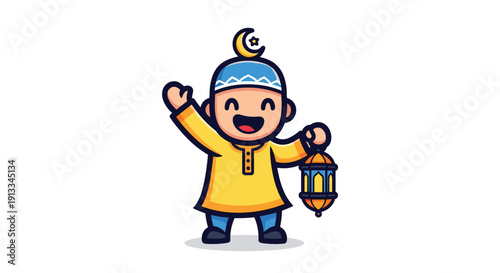 Cartoon boy holding lantern and celebrating.