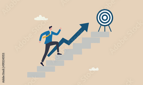 Improvement, stairway success, growing income or improve skill to achieve business target concept, confidence businessman step walking up stair of success with rising up arrow.