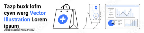Shopping bag with health cross, hand holding phone with location pin, analytics dashboard with charts. Ideal for eCommerce, navigation, healthcare, logistics, technology, analytics simple landing