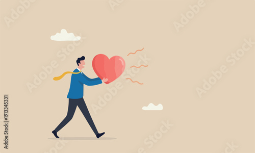 Work passion inspire achieve career success, love your job or happy and enjoy working dream job concept, happy businessman holding passionate heart shape walking to work