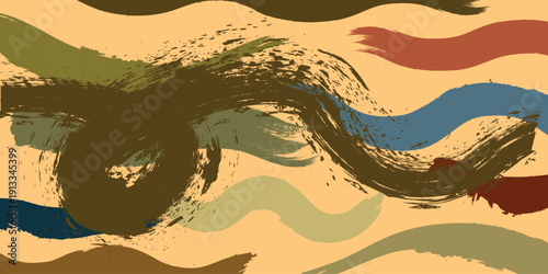 Urban abstract vector texture with hand drawn brush strokes.Minimal abstract wavy background in earth tone colors for web and branding .Curved Dry Brush Stroke . Looped brush line . Vector 
