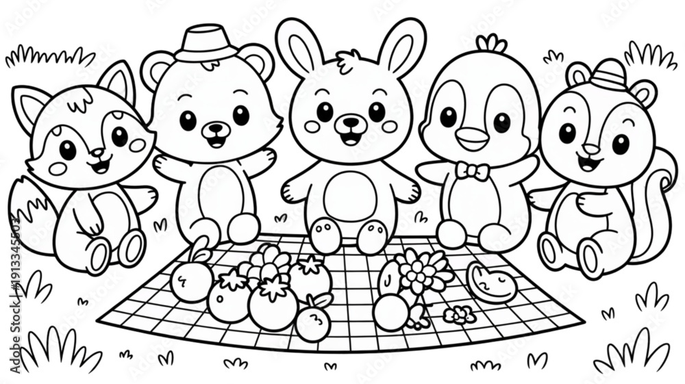 Fototapeta premium Cute cartoon forest animal friends picnic isolated on transparent background.