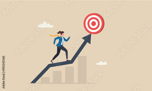 improvemen , progress or challenge concept, businesswoman running up rising arrow on performance improvement bar graph