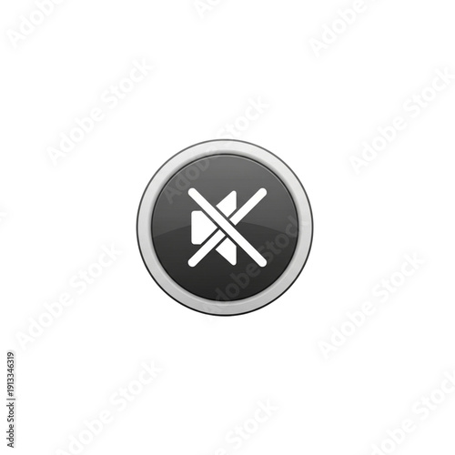 A gray button with a white crossed-out speaker icon on a black background on transparent background