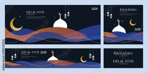 Eid Al Fitr Mubarak and Ramadan Kareem Banner Designs 2026 Islamic Style Posters for Eid and Ramadan Celebrations