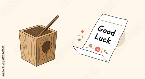 Traditional Japanese omikuji fortune slip and wooden box with a lucky stick for temple or shrine visitors to seek guidance.