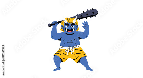 Blue Japanese oni demon character wearing tiger skin loincloth and brandishing a spiked club for cultural festivities.