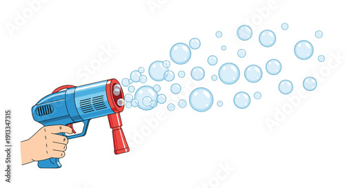 Blue bubble gun toy held by a hand shooting a stream of translucent soap bubbles into the air for childrens play activities.