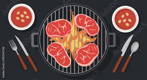 Top view of steaks cooking on an open flame grill surrounded by soup bowls and cutlery for a delicious outdoor barbecue.