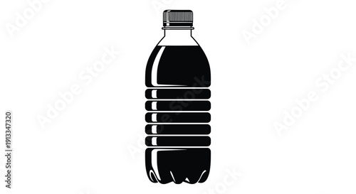 Solid black silhouette of a plastic beverage bottle with a screw cap used for water soda or other liquid refreshments.