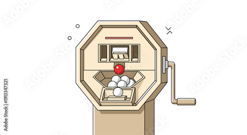 Traditional Japanese lottery drawing machine called garapon with a red ball emerging from the wooden drum for a prize.