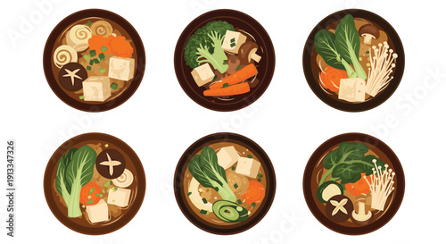 Six varieties of traditional miso soup in dark bowls with ingredients like tofu mushrooms carrots and leafy greens.