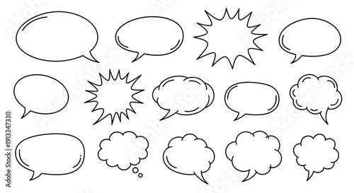 Collection of various speech and thought bubble shapes in black outline for comics cartoons and graphic design projects.