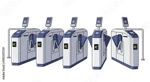 Row of automated ticket gates with IC card readers at a modern train station for efficient passenger transit and travel.