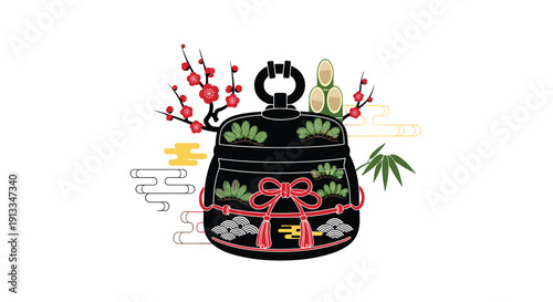 Traditional Japanese New Year decoration featuring a black lacquer container pine branches plum blossoms and bamboo shoots.
