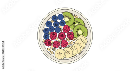 Nutritious breakfast bowl filled with fresh berries kiwi slices banana yogurt and cereal for a healthy start to the day.
