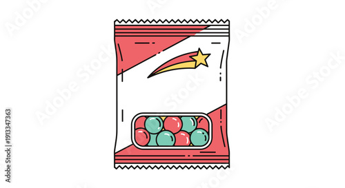 Plastic bag of colorful gumball candies with a shooting star graphic design against a clean white background for kids.