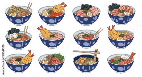 Twelve bowls of various ramen noodle soups featuring diverse toppings like egg pork shrimp and vegetables in blue bowls.