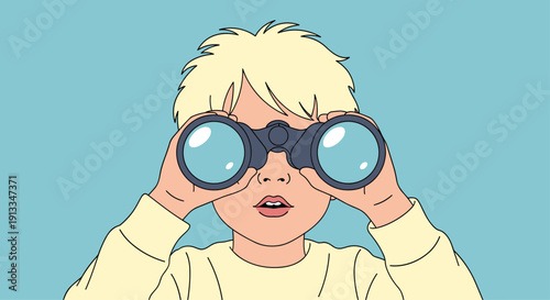 Young boy with blonde hair looking through a pair of black binoculars against a plain blue background for adventure.