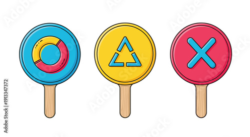 Three circular hand paddles with colorful symbols circle triangle and cross for quiz games and survey responses.