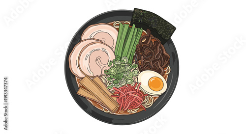 Delicious bowl of Japanese ramen with pork slices bamboo shoots seaweed green onions and a soft boiled egg in rich broth.