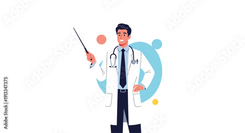 Professional male doctor in a white coat holding a pointer stick to present medical information or health education.