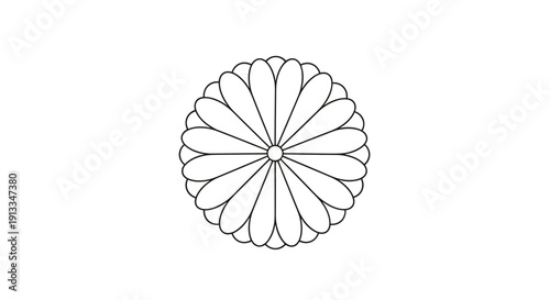 Symmetrical black and white line drawing of a chrysanthemum flower similar to the Imperial Seal of Japan emblem.
