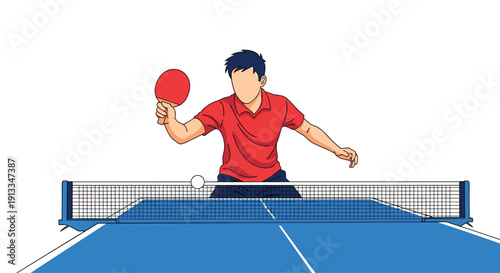 Male athlete playing table tennis or ping pong hitting a white ball over the net with a red racket on a blue table.