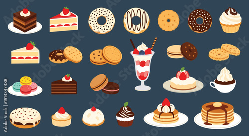 Wide variety of sweet treats including cakes cookies donuts macarons and ice cream sundaes for a bakery or cafe display.