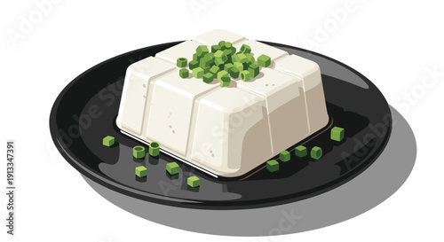 Fresh block of white tofu served on a dark plate and garnished with a generous amount of chopped green onions for flavor.