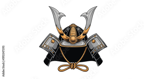 Traditional japanese samurai helmet known as kabuto, featuring ornate golden details and protective side flaps for warriors.