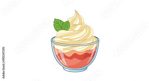 Delicious dessert served in a glass bowl topped with a swirl of light cream and fresh green mint leaves on top.