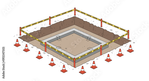 Isometric view of a building foundation under construction surrounded by caution tape and orange safety cones at a new development site.