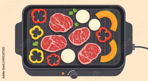 Top view of an electric griddle cooking several juicy steaks along with sliced onions peppers and pumpkin for a delicious barbecue dinner.