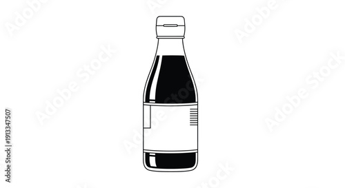 Simple black and white line art illustration of a condiment bottle like soy sauce or vinegar with a label and screw cap for graphic design.