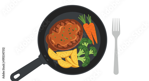 Overhead view of a cooked steak with brown gravy served with roasted potato wedges broccoli and carrots in a black frying pan with fork.
