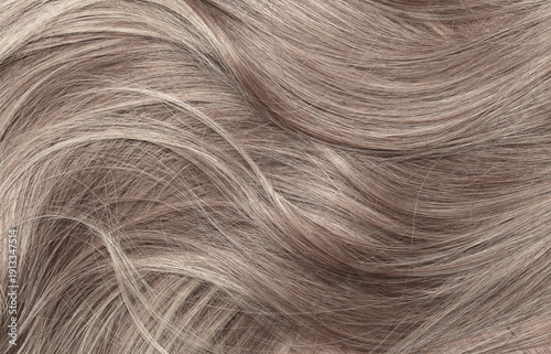 Blond hair close-up as a background. Women's long light brown hair. Beautifully styled wavy shiny curls. Hair coloring. Hairdressing procedures, extension.