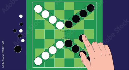 Top down view of a green and black board game where a hand is placing a black stone piece among other white and black circular pieces.