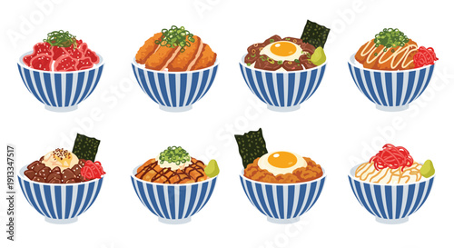 Diverse collection of eight traditional Japanese donburi bowls filled with various toppings like sashimi katsu egg and noodles on rice.