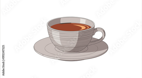 Detailed engraving of a simple ceramic cup filled with coffee or tea sitting on a matching saucer with soft shading on a plain white background.